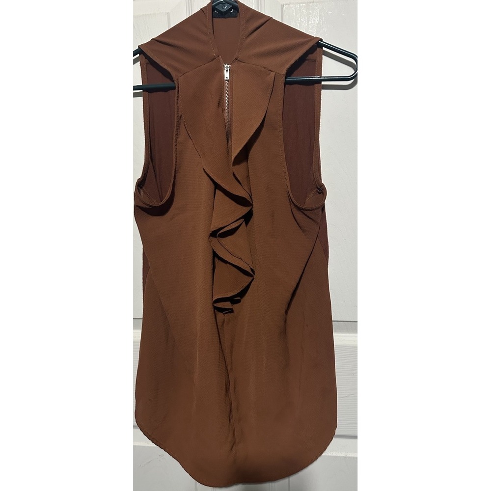 Tempted Women's Ruffled Sleeveless Zippered Front Blouse. Cognac Brown Size XLg